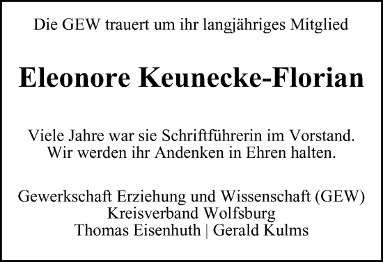 Traueranzeige von Eleonore Keunecke-Florian von Wolfsburger Nachrichten