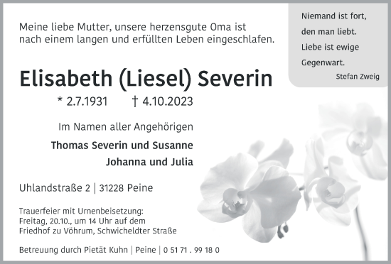 Traueranzeige von Elisabeth Liesel Severin von Peiner Nachrichten