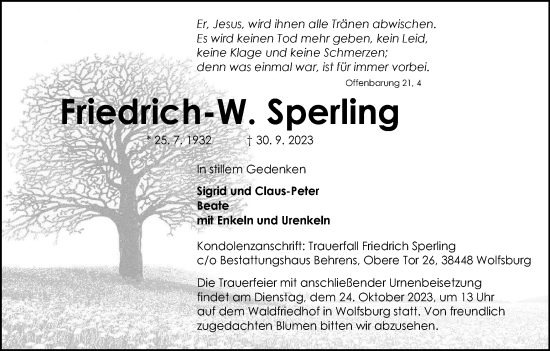 Traueranzeige von Friedrich-W. Sperling von Wolfsburger Nachrichten