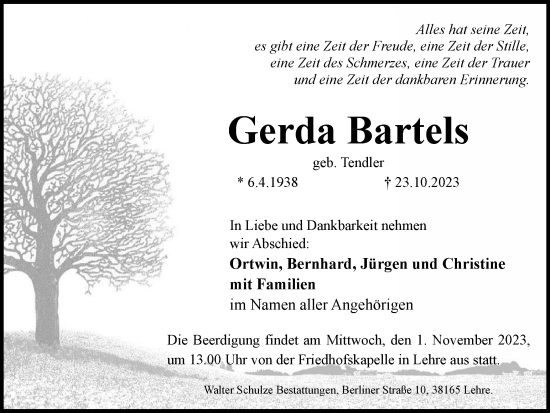 Traueranzeige von Gerda Bartels von Helmstedter Nachrichten