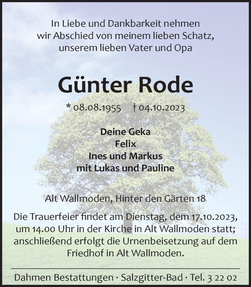  Traueranzeige für Günter Rode vom 07.10.2023 aus Salzgitter-Zeitung