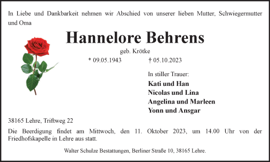 Traueranzeige von Hannelore Behrens von Helmstedter Nachrichten