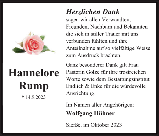 Traueranzeige von Hannelore Rump von Peiner Nachrichten