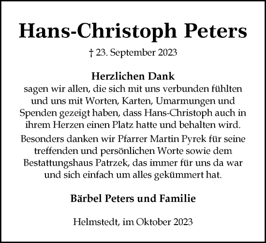 Traueranzeige von Hans-Christoph Peters von Helmstedter Nachrichten