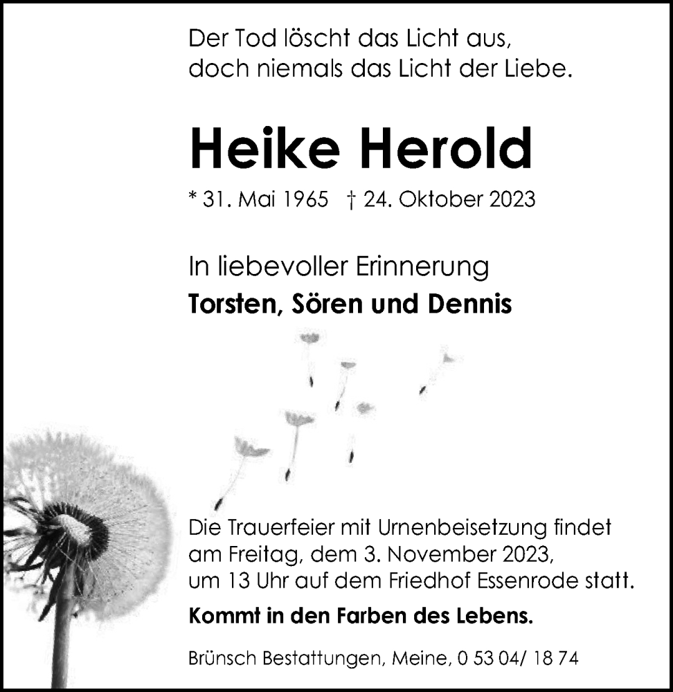  Traueranzeige für Heike Herold vom 28.10.2023 aus Helmstedter Nachrichten