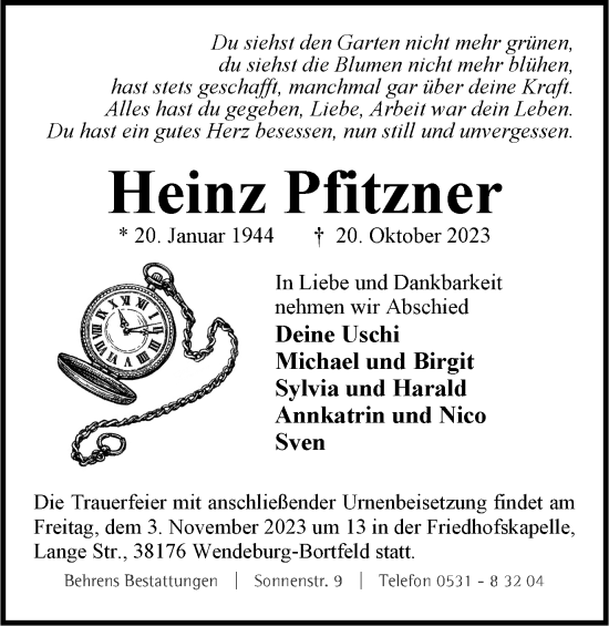 Traueranzeige von Heinz Pfitzner von Braunschweiger Zeitung