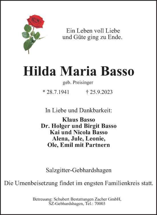 Traueranzeige von Hilda Maria Basso von Salzgitter-Zeitung