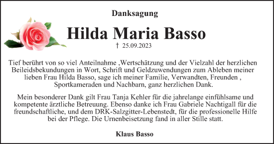 Traueranzeige von Hilda Maria Basso von Salzgitter-Zeitung