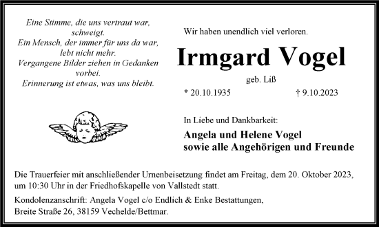 Traueranzeige von Irmgard Vogel von Salzgitter-Zeitung, Peiner Nachrichten