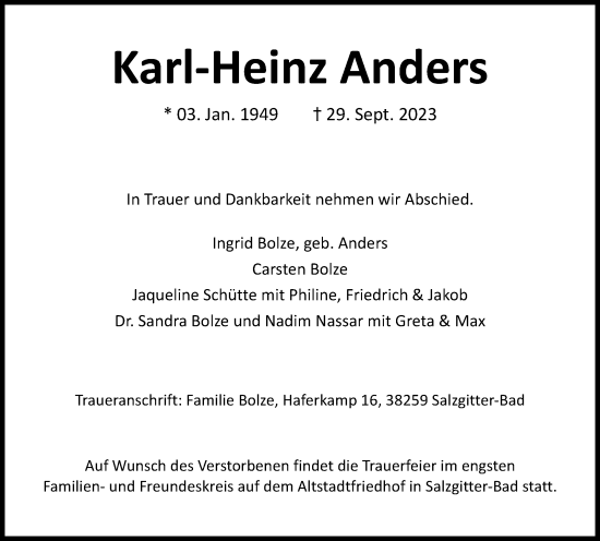 Traueranzeige von Karl-Heinz Anders von Salzgitter-Zeitung