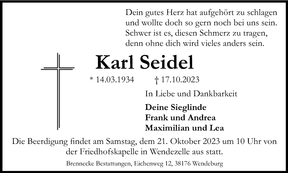  Traueranzeige für Karl Seidel vom 19.10.2023 aus Peiner Nachrichten