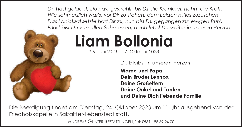  Traueranzeige für Liam Bollonia vom 21.10.2023 aus Salzgitter-Zeitung