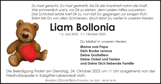 Traueranzeige von Liam Bollonia von Salzgitter-Zeitung