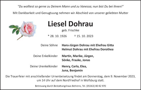 Traueranzeige von Liesel Dohrau von Wolfsburger Nachrichten