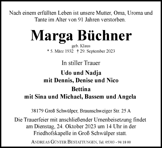 Traueranzeige von Marga Büchner von Braunschweiger Zeitung