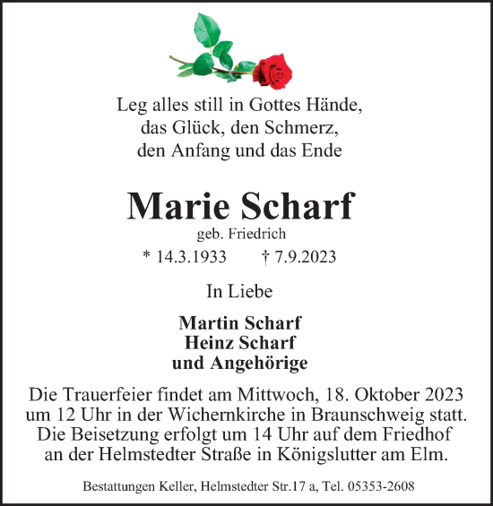 Traueranzeige von Marie Scharf von Braunschweiger Zeitung