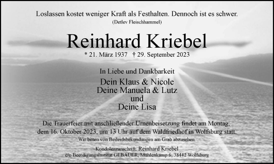 Traueranzeige von Reinhard Kriebel von Wolfsburger Nachrichten