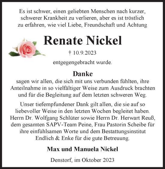 Traueranzeige von Renate Nickel von Peiner Nachrichten