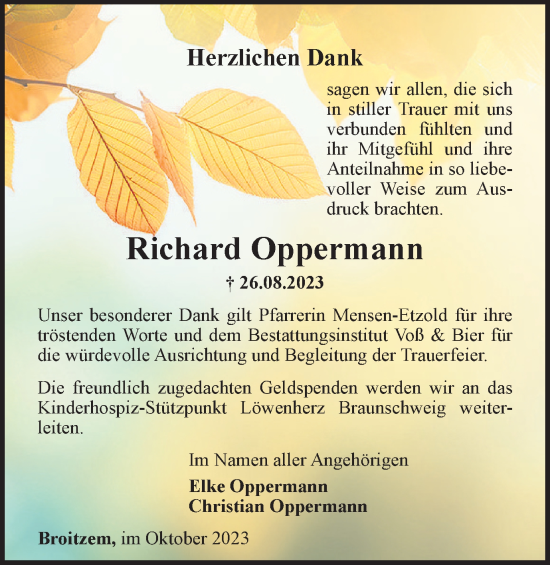 Traueranzeige von Richard Oppermann von Braunschweiger Zeitung