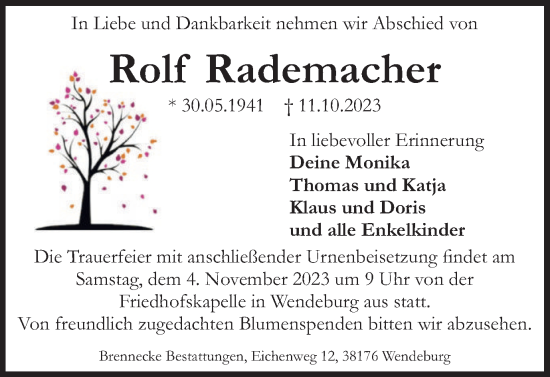 Traueranzeige von Rolf Rademacher von Peiner Nachrichten