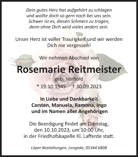 Traueranzeige von Rosemarie Reitmeister von Peiner Nachrichten