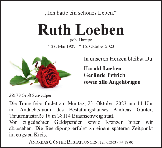 Traueranzeige von Ruth Loeben von Braunschweiger Zeitung