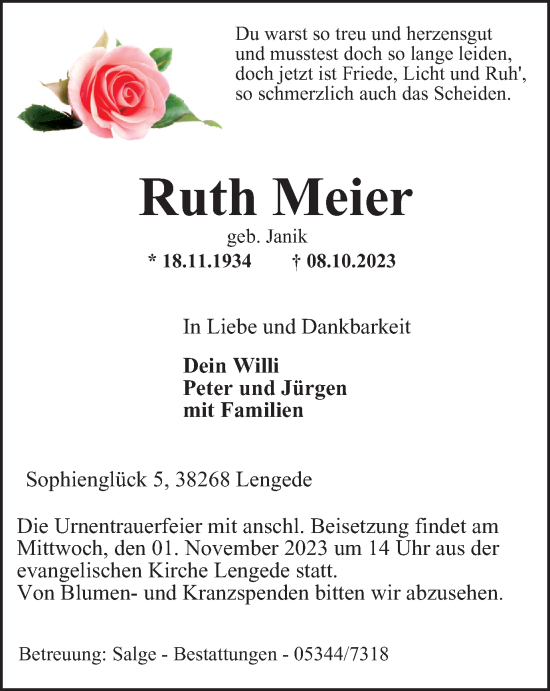 Traueranzeige von Ruth Meier von Peiner Nachrichten