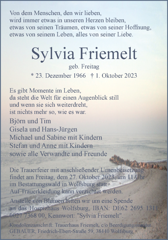 Traueranzeige von Sylvia Friemelt von Wolfsburger Nachrichten