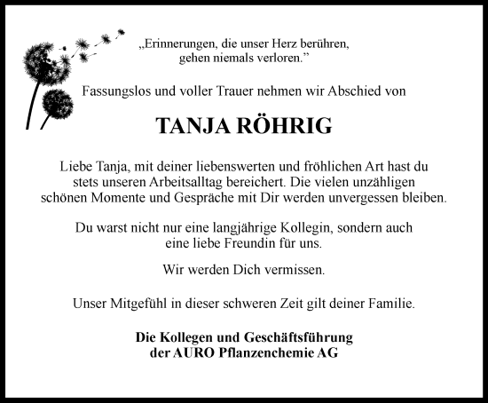 Traueranzeige von Tanja Röhrig von Braunschweiger Zeitung