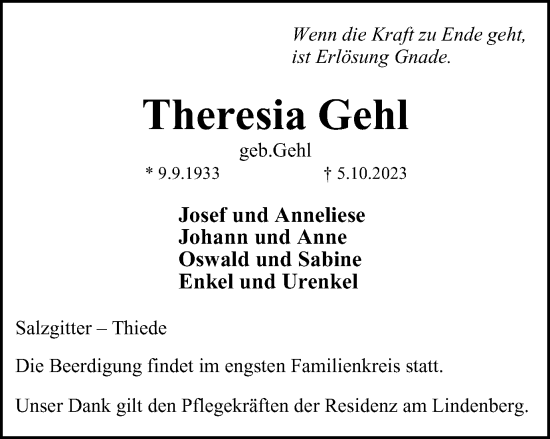 Traueranzeige von Theresia Gehl von Salzgitter-Zeitung