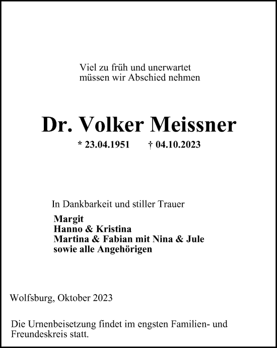 Traueranzeige von Volker Meissner von Wolfsburger Nachrichten