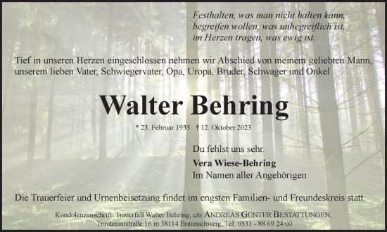 Traueranzeige von Walter Behring von Braunschweiger Zeitung