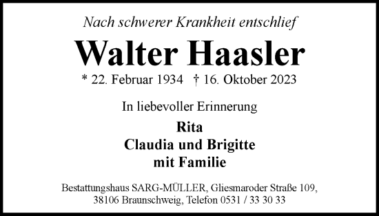 Traueranzeige von Walter Haasler von Braunschweiger Zeitung