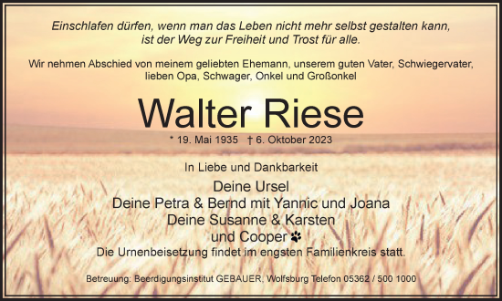 Traueranzeige von Walter Riese von Wolfsburger Nachrichten