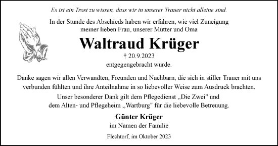 Traueranzeige von Waltraud Krüger von Helmstedter Nachrichten