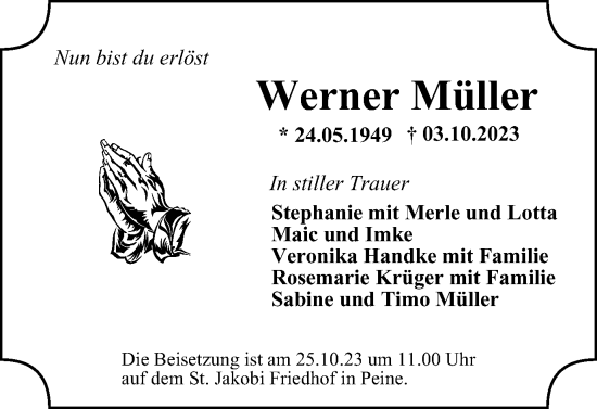 Traueranzeige von Werner Müller von Braunschweiger Zeitung