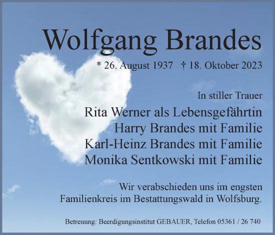 Traueranzeige von Wolfgang Brandes von Wolfsburger Nachrichten