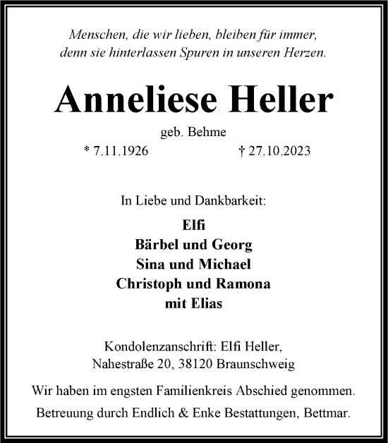 Traueranzeige von Anneliese Heller von Braunschweiger Zeitung