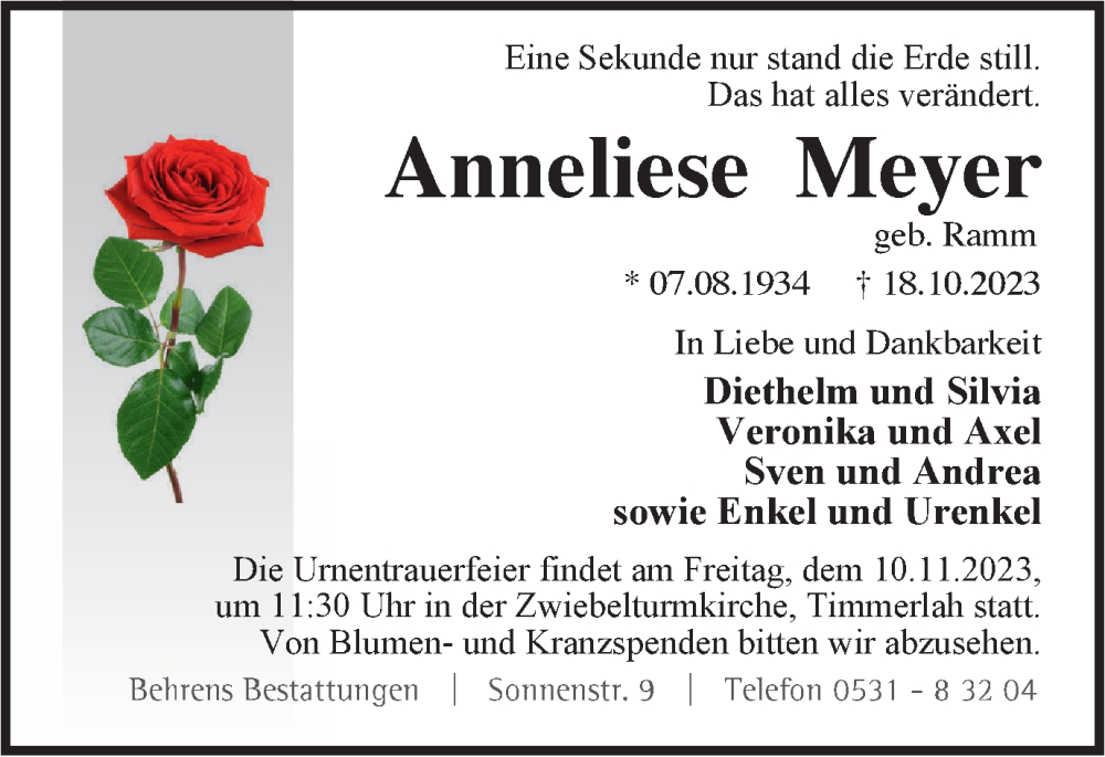  Traueranzeige für Anneliese Meyer vom 04.11.2023 aus Braunschweiger Zeitung