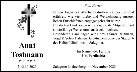 Traueranzeige von Anni Tostmann von Salzgitter-Zeitung