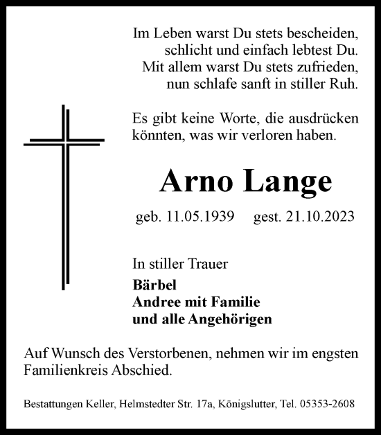 Traueranzeige von Arno Lange von Helmstedter Nachrichten