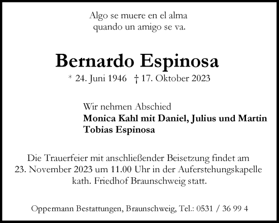 Traueranzeige von Bernardo Espinosa von Wolfsburger Nachrichten