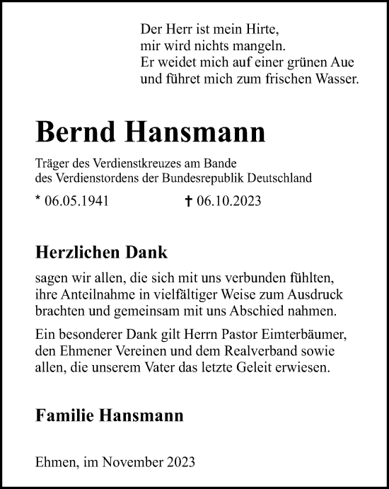 Traueranzeige von Bernd Hansmann von Wolfsburger Nachrichten