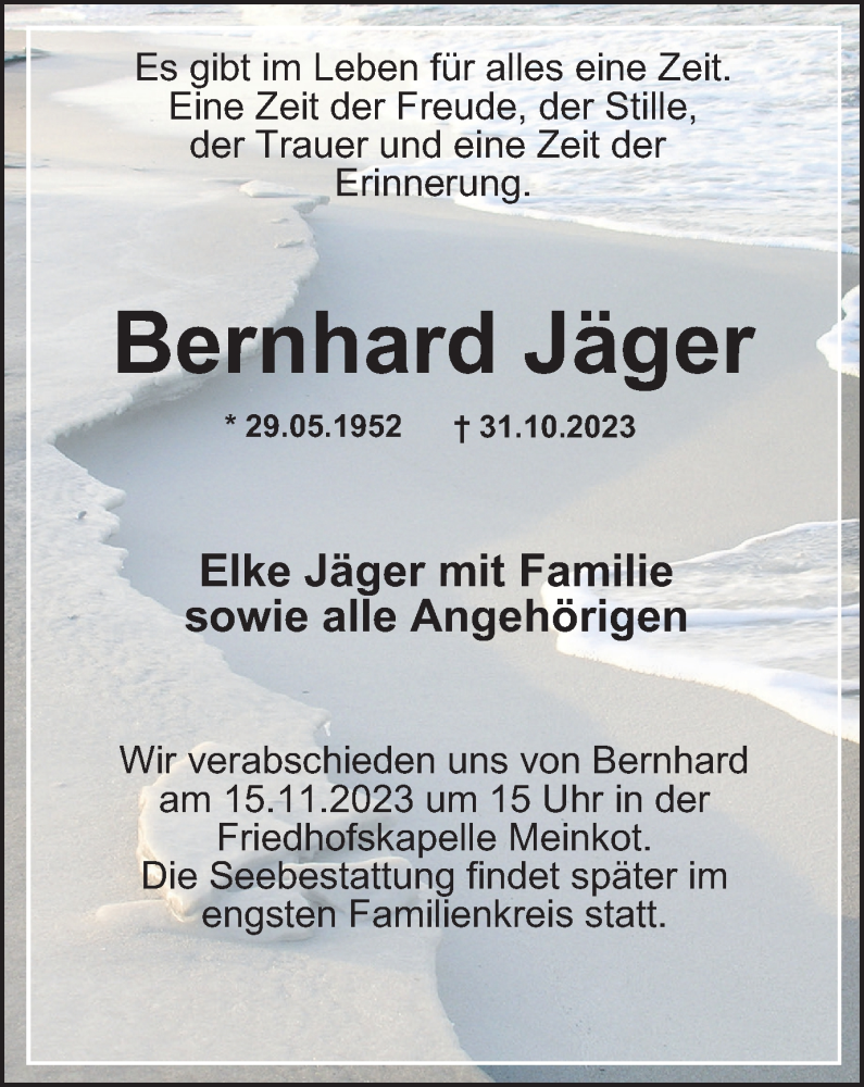  Traueranzeige für Bernhard Jäger vom 10.11.2023 aus Wolfsburger Nachrichten