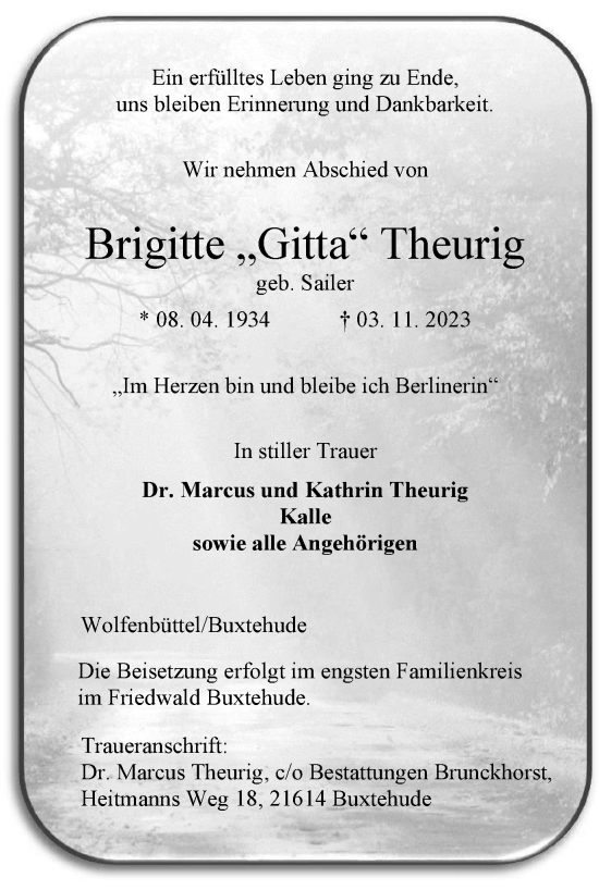 Traueranzeige von Brigitte Theurig von Wolfenbütteler Zeitung