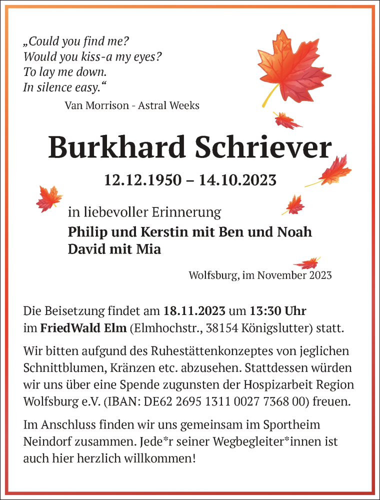  Traueranzeige für Burkhard Schriever vom 04.11.2023 aus Wolfsburger Nachrichten, Helmstedter Nachrichten