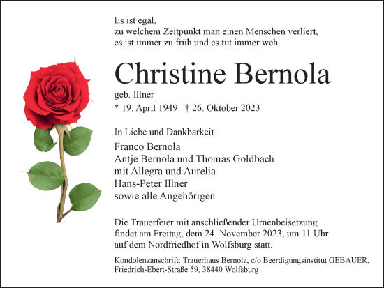 Traueranzeige von Christine Bernola von Wolfsburger Nachrichten