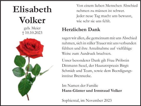 Traueranzeige von Elisabeth Volker von Peiner Nachrichten