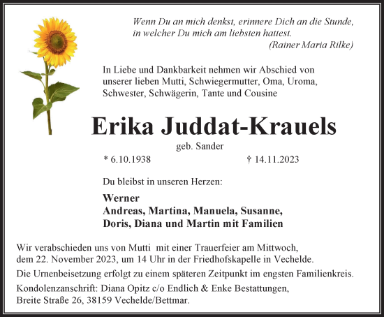 Traueranzeige von Erika Juddat-Krauels von Peiner Nachrichten