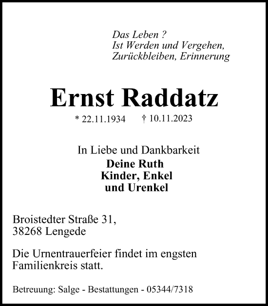 Traueranzeige von Ernst Raddatz von Peiner Nachrichten